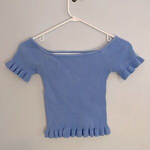 Lulu’s off the shoulder blue top with ruffle details